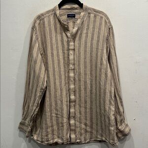 Proper Cloth Linen Button Up Shirt large mandarin collar stripe brown gray